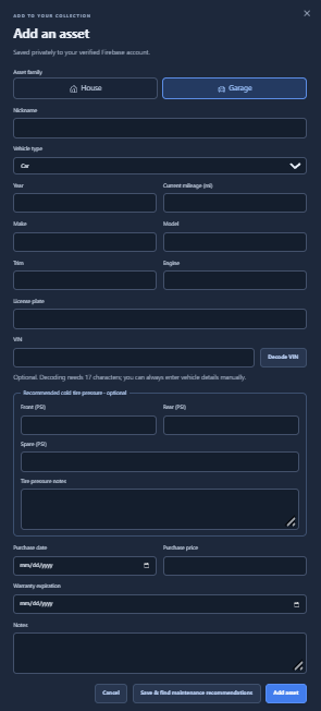 Add an asset form with Garage selected, including vehicle type, year, make, model, trim, engine, mileage, license plate, VIN, Decode VIN, and optional tire pressure fields.