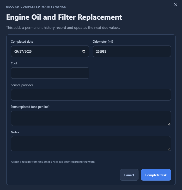 Record completed maintenance form with completed date, odometer, cost, service provider, parts replaced, and notes.