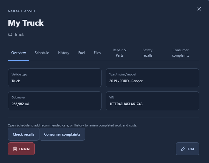 Garage vehicle overview with year, make, model, mileage, VIN, and separate tabs for maintenance, fuel, parts, recalls, and complaints.