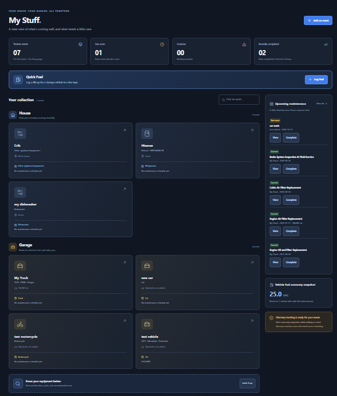 PinMonkey My Stuff dashboard showing House and Garage assets together, maintenance counts, Quick Fuel, and an upcoming maintenance list.
