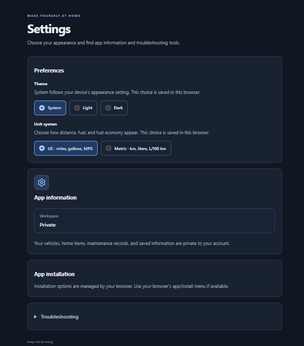 Settings screen with System, Light, and Dark theme options, US and metric units, a private workspace note, and browser-managed app installation.